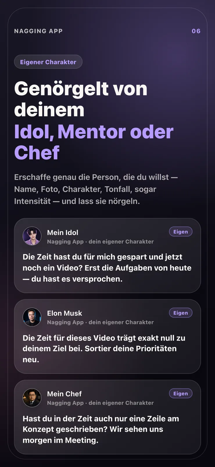 Benachrichtigungen von einem selbst erstellten Charakter.