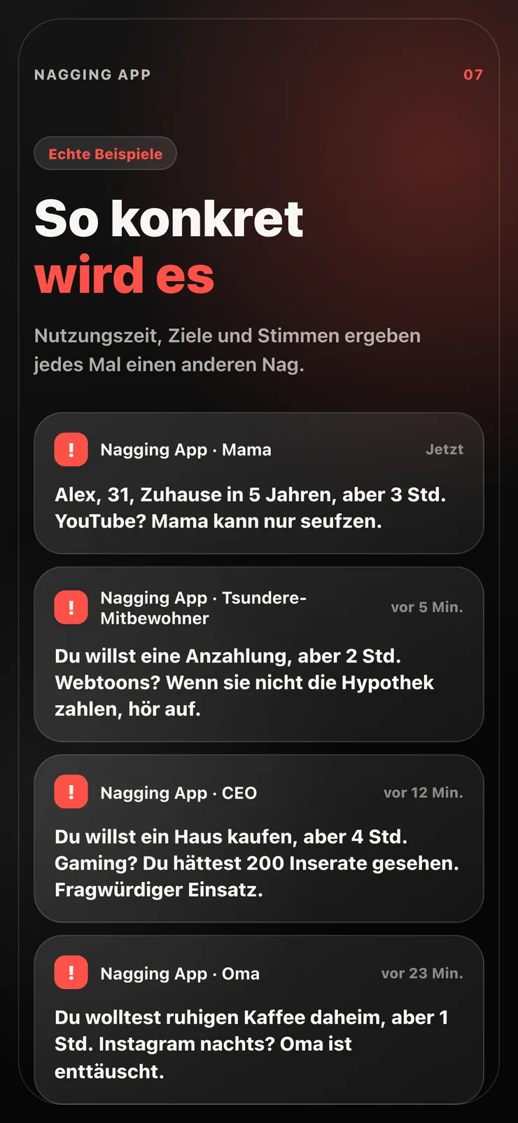 Beispiele für personalisierte Meckernachrichten.