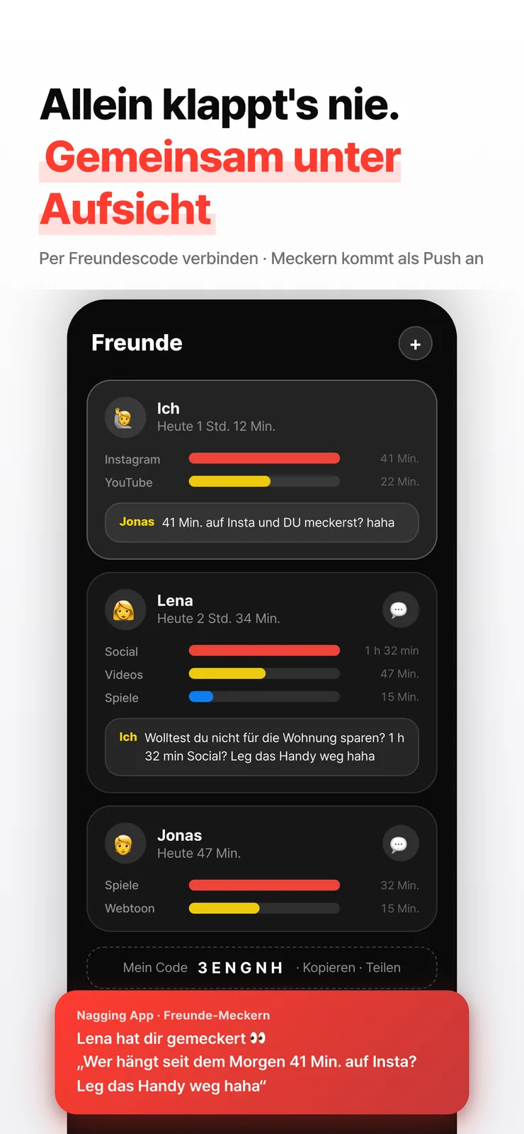 Freunde-Tab mit gegenseitiger Bildschirmzeit und Meckerkommentaren.