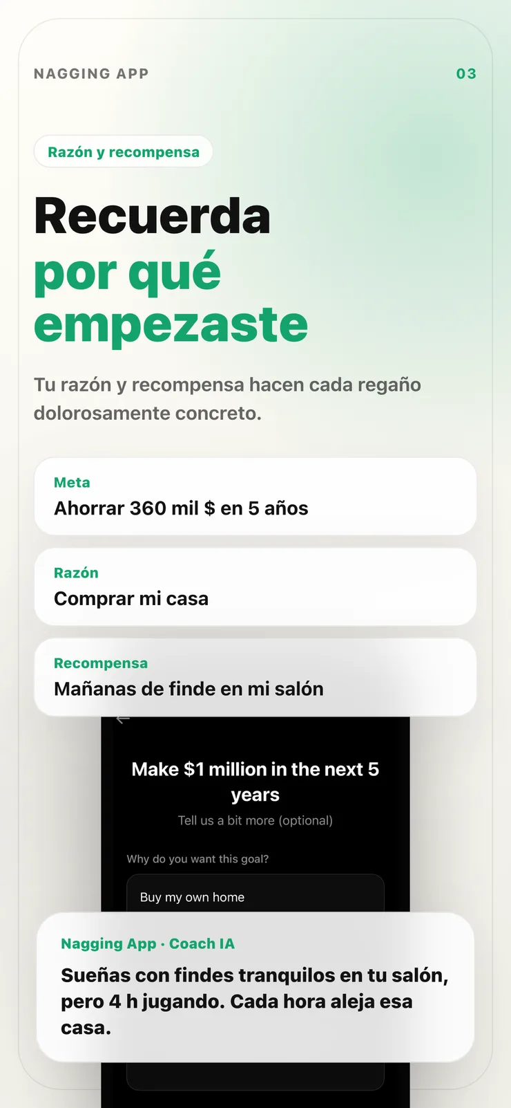 Pantalla de personalización de motivación y recompensa.