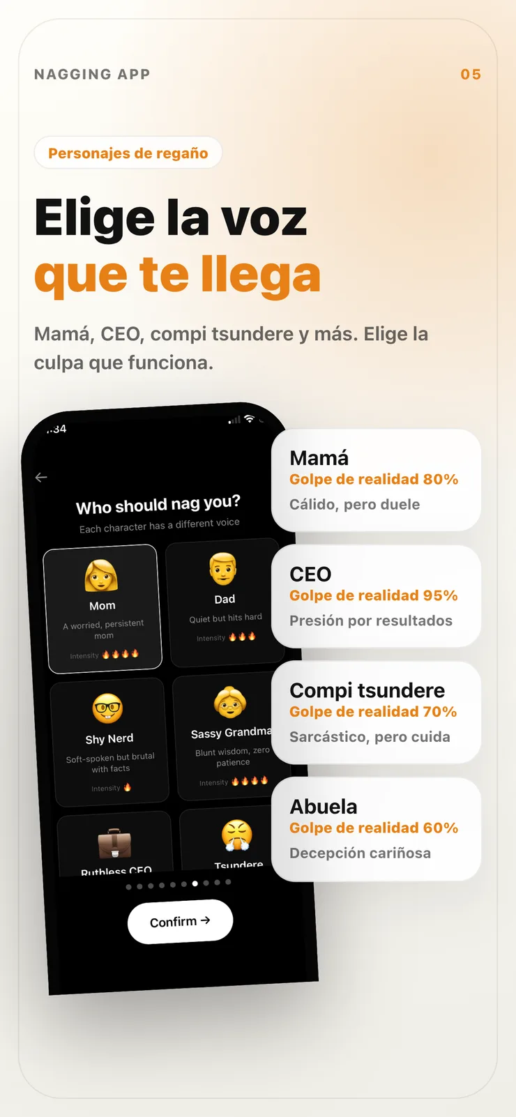 Pantalla de selección de personajes en Nagging App.