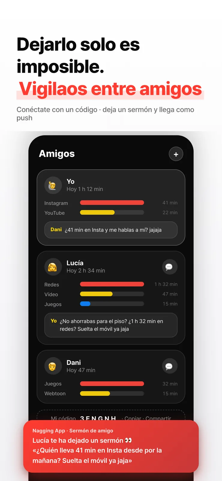 Pestaña de amigos mostrando el tiempo de pantalla y regaños de cada uno.