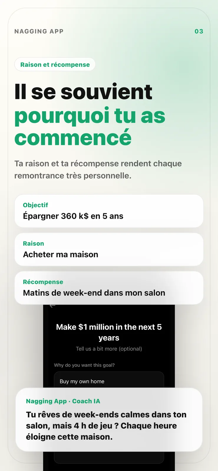 Écran de personnalisation de la motivation et de la récompense.