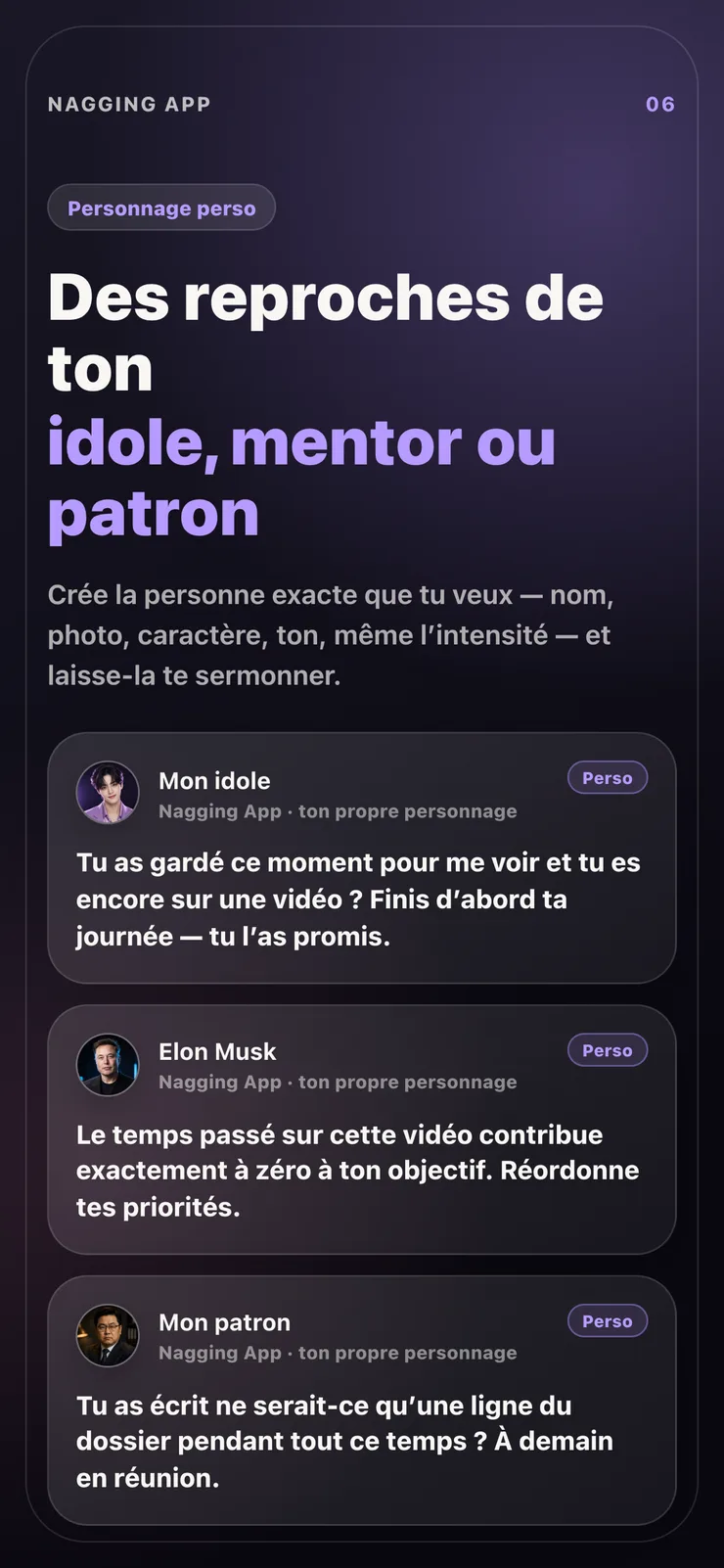 Notifications d’un personnage personnalisé que tu as créé.