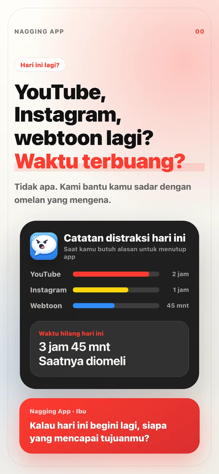 Layar perkenalan Nagging App yang menampilkan waktu yang hilang hari ini dan omelan yang siap meluncur.