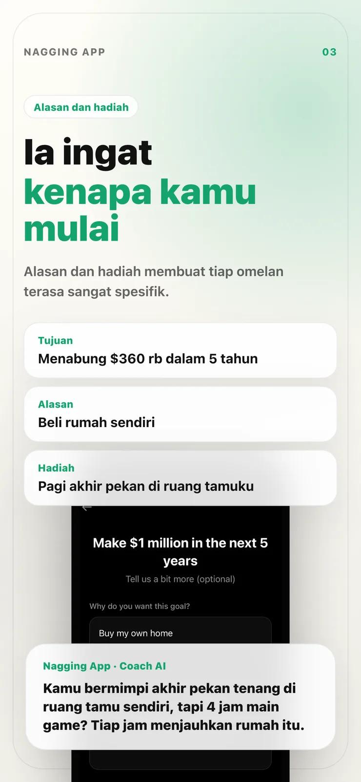 Layar personalisasi motivasi dan hadiah.