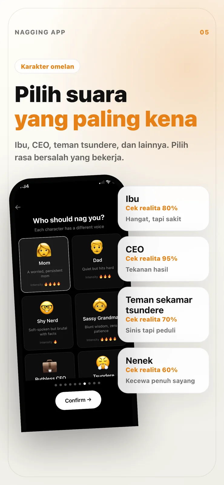 Layar pemilihan karakter di Nagging App.