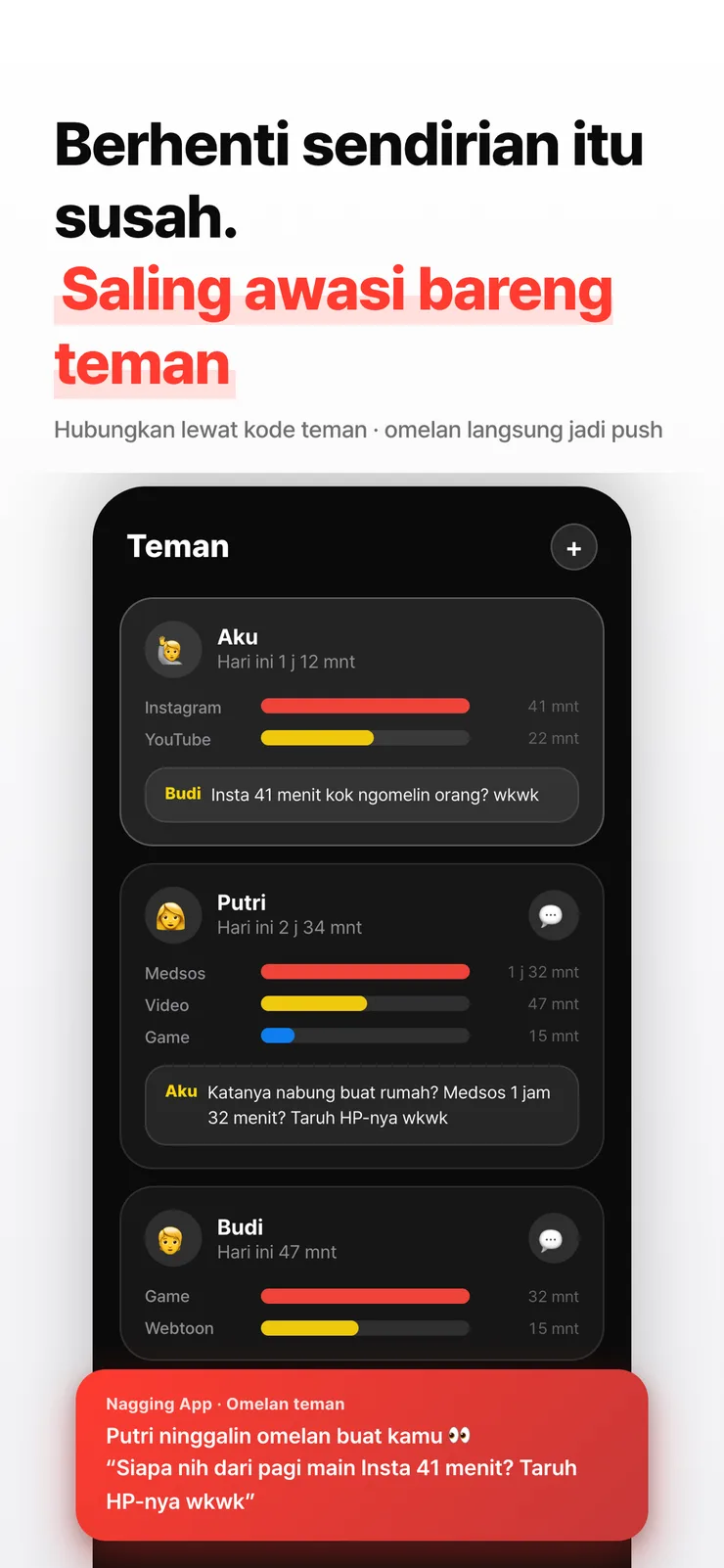 Tab teman yang menampilkan screen time dan omelan satu sama lain.