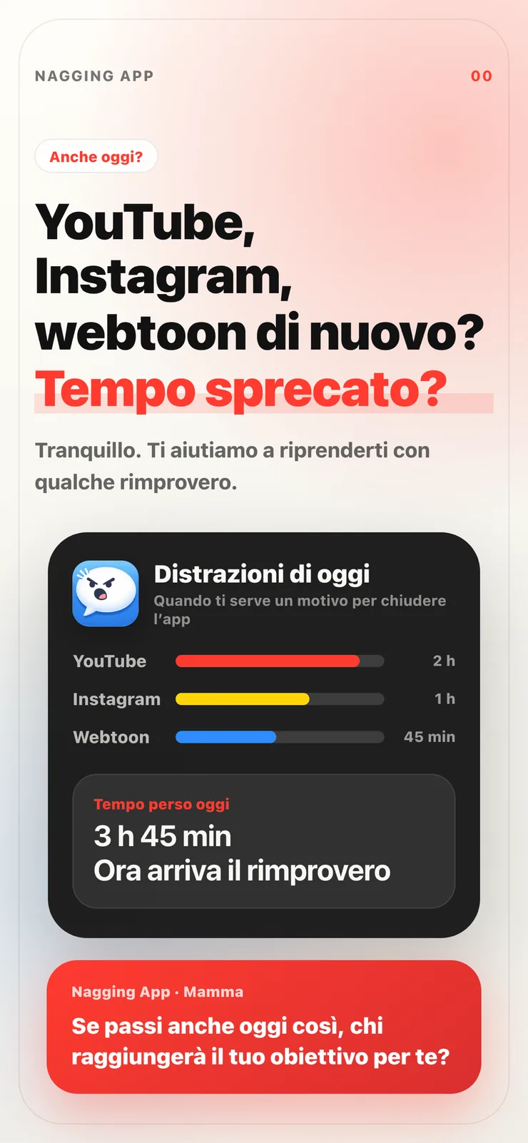 Schermata introduttiva di Nagging App che mostra il tempo perso oggi e una ramanzina pronta a partire.