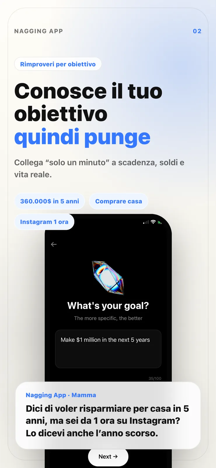 Schermata di utilizzo app basata sugli obiettivi.