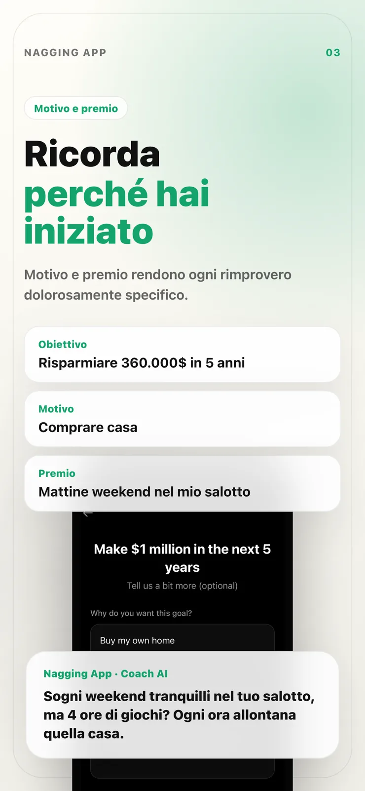 Schermata di personalizzazione di motivazione e ricompensa.