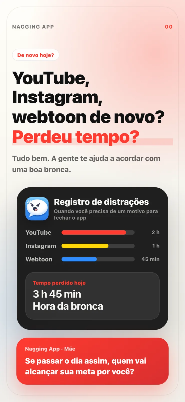 Tela de introdução do Nagging App mostrando o tempo perdido hoje e um sermão pronto para disparar.