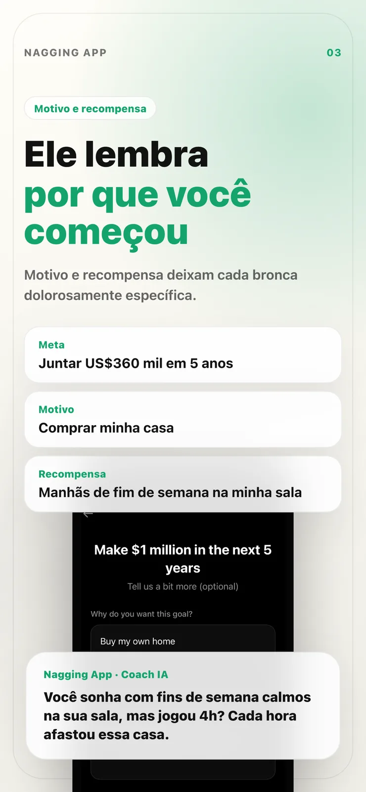 Tela de personalização de motivação e recompensa.