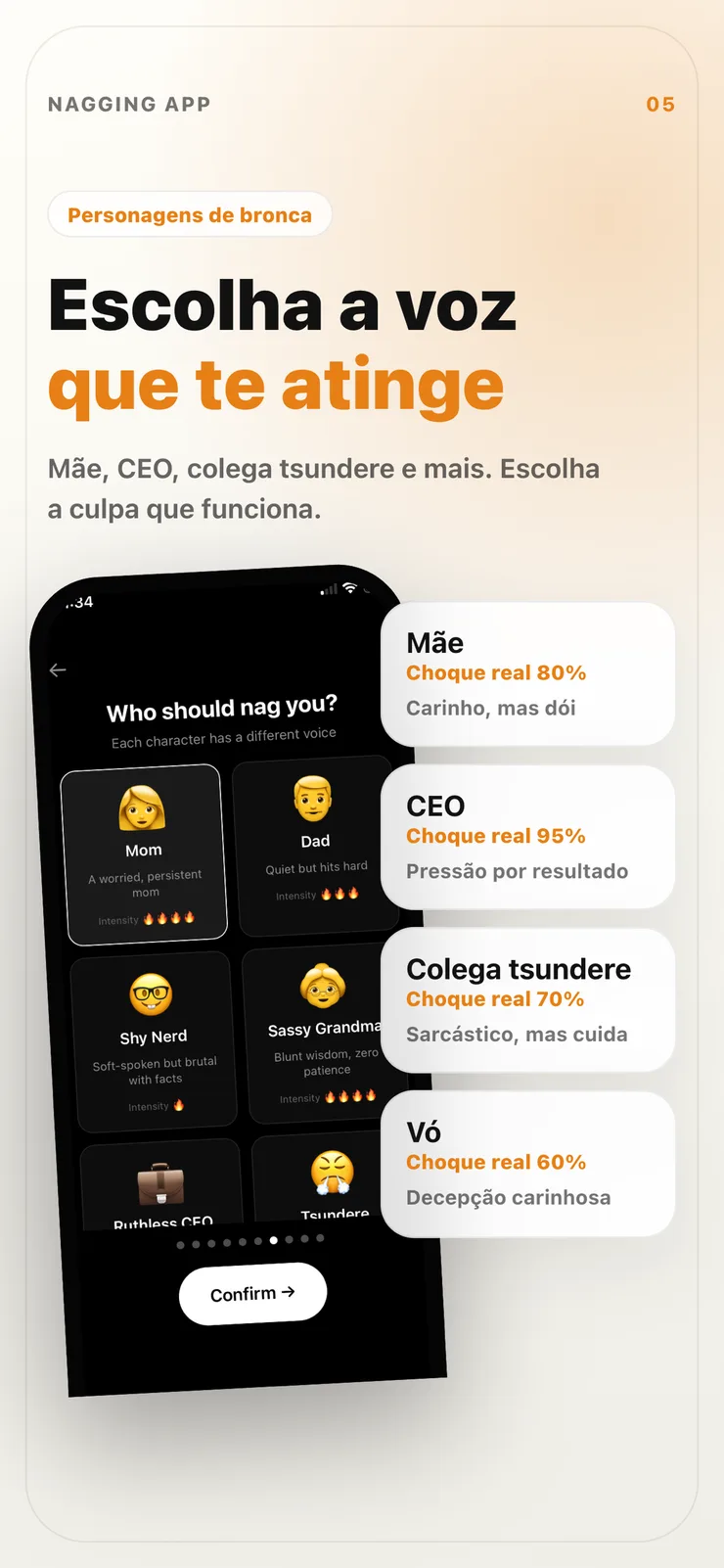Tela de seleção de personagens no Nagging App.