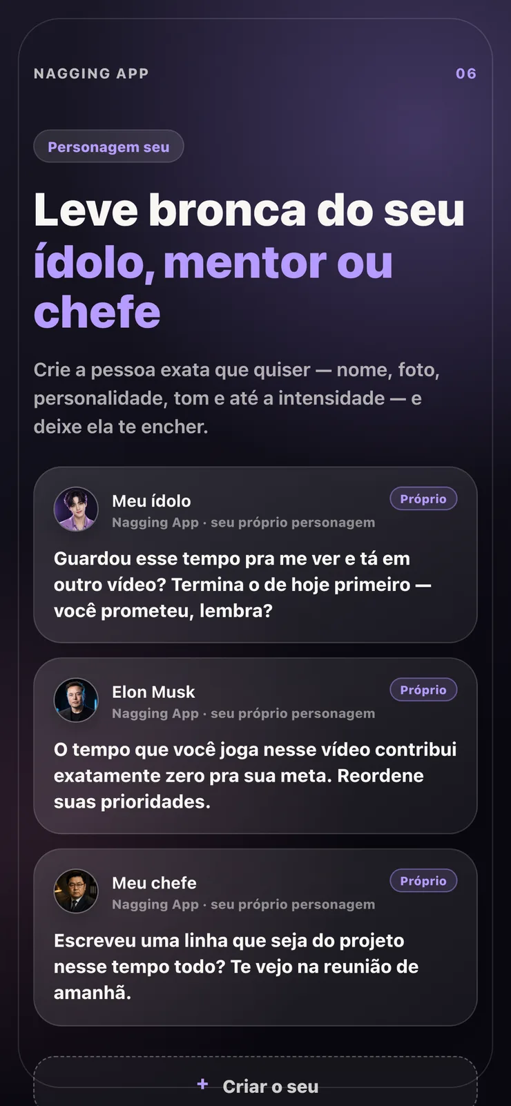 Notificações de um personagem personalizado que você criou.