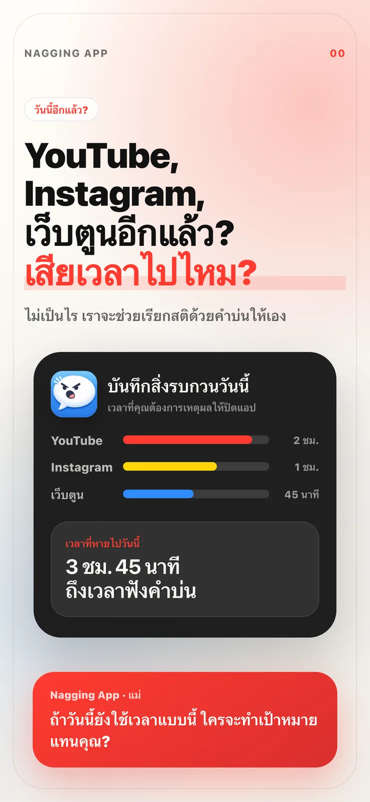 หน้าแนะนำ Nagging App แสดงเวลาที่เสียไปวันนี้พร้อมคำบ่นที่เตรียมยิง