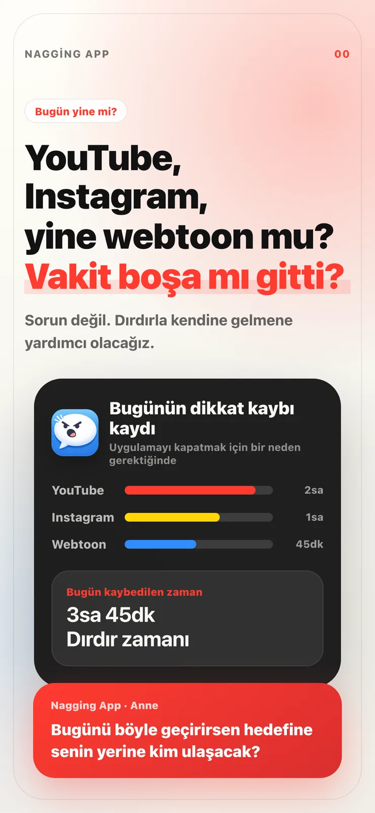 Bugün kaybedilen zamanı ve ateşlenmeye hazır dırdırı gösteren Nagging App tanıtım ekranı.
