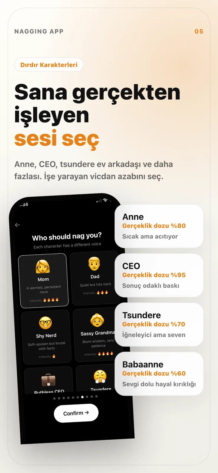 Nagging App karakter seçim ekranı.