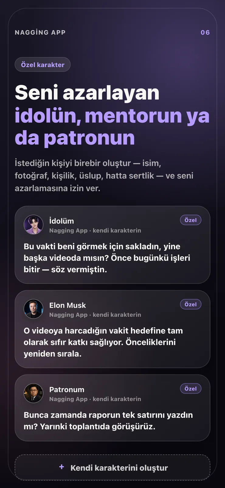 Kendi oluşturduğun özel karakterden gelen bildirimler.