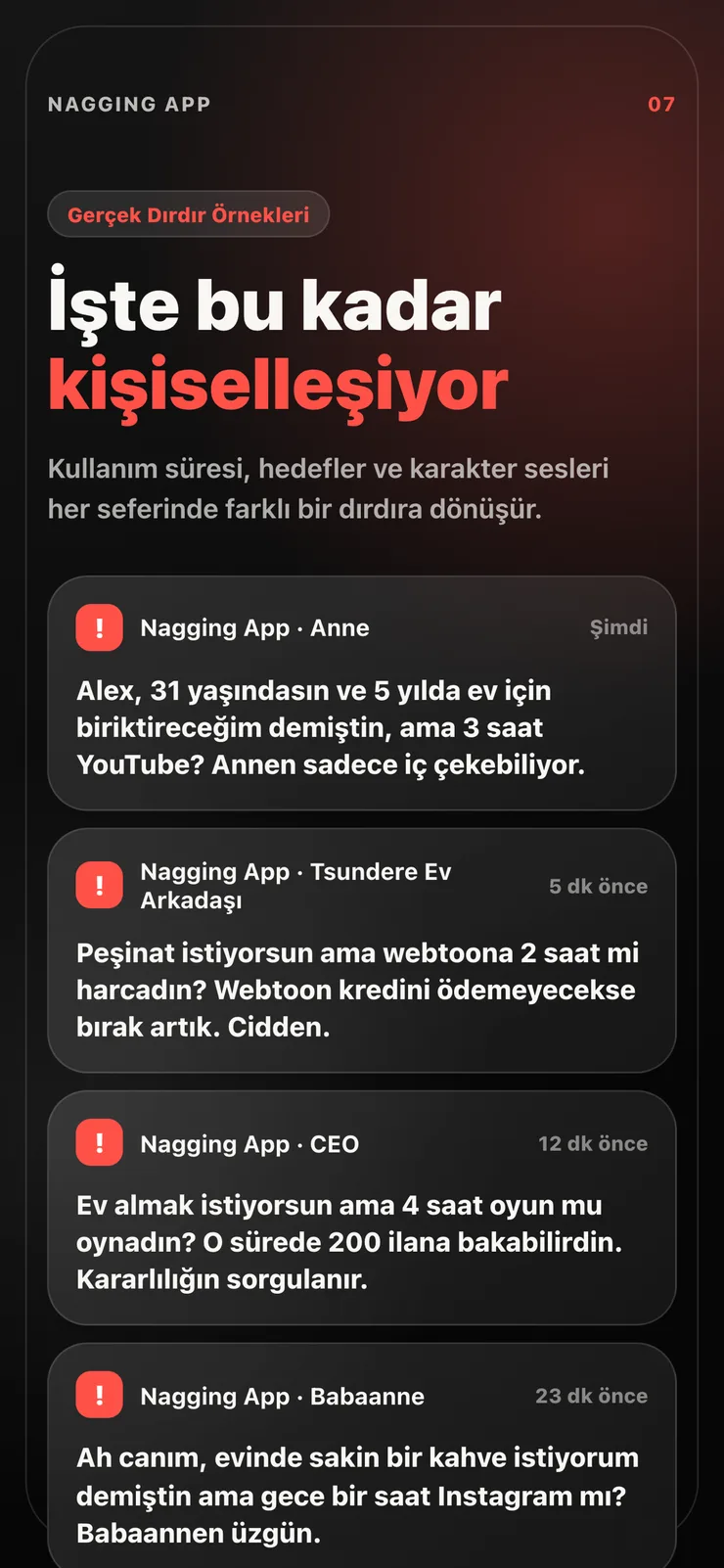 Kişiselleştirilmiş dırdır mesajı örnekleri.