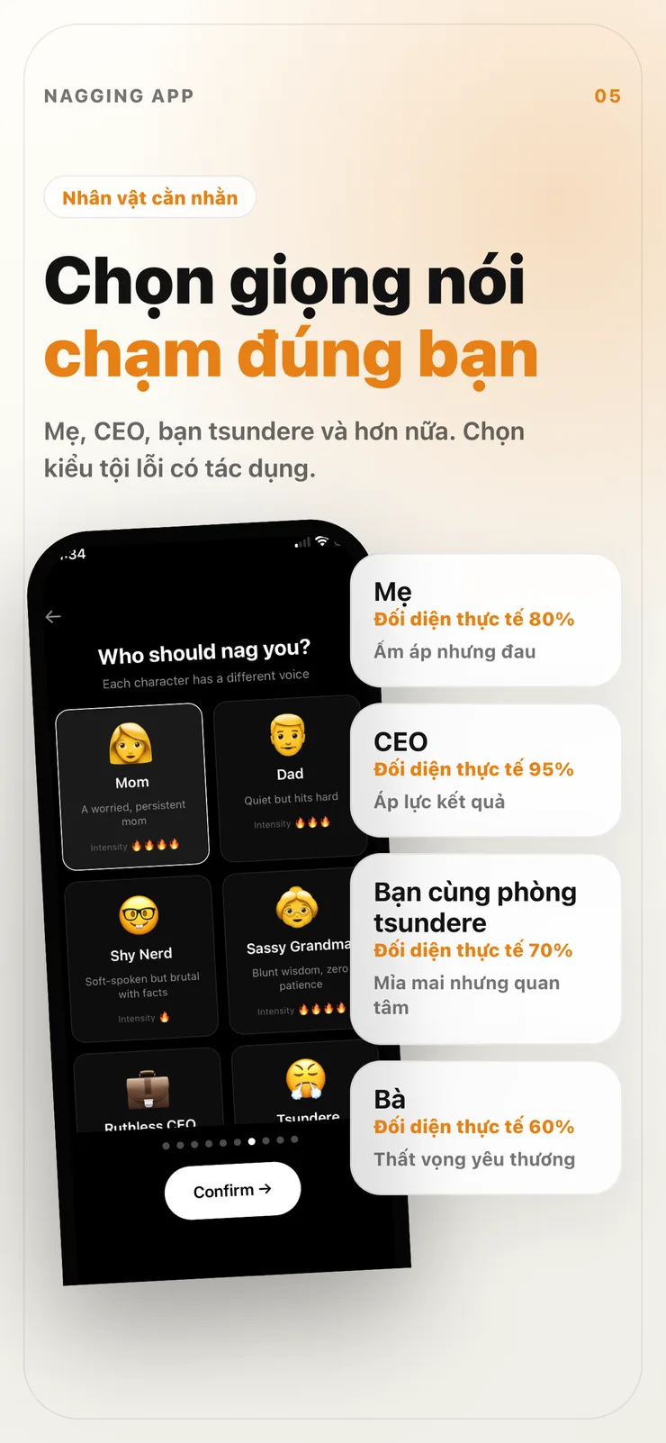 Màn hình chọn nhân vật trong Nagging App.