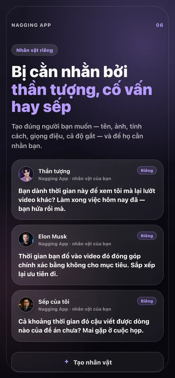 Thông báo cằn nhằn từ nhân vật bạn tự tạo.